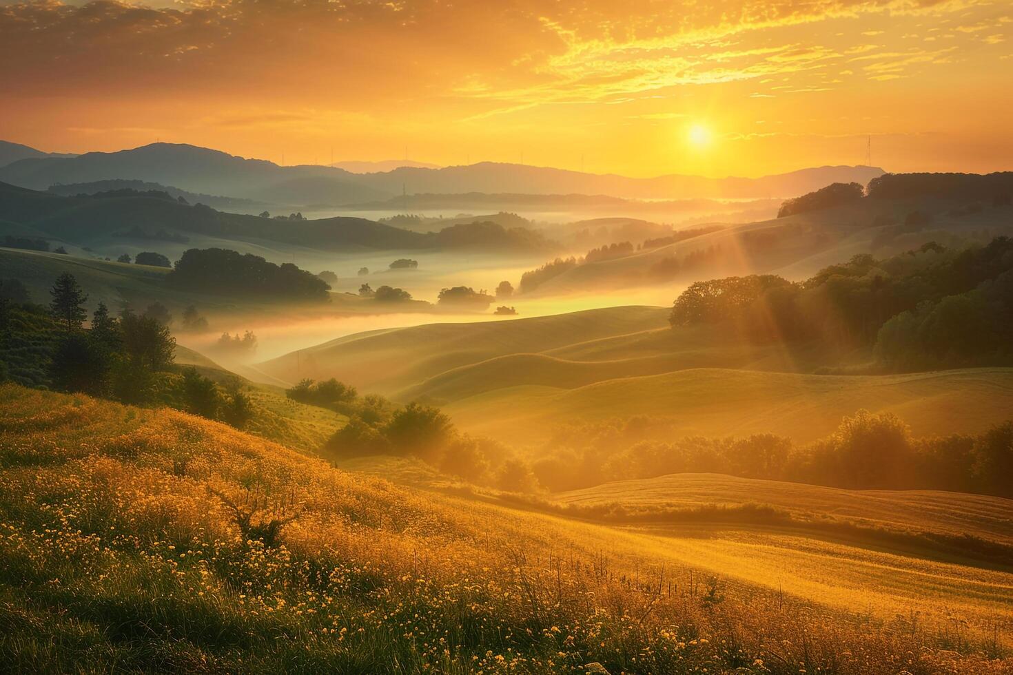 Golden sunrise spilling over misty rolling green hills