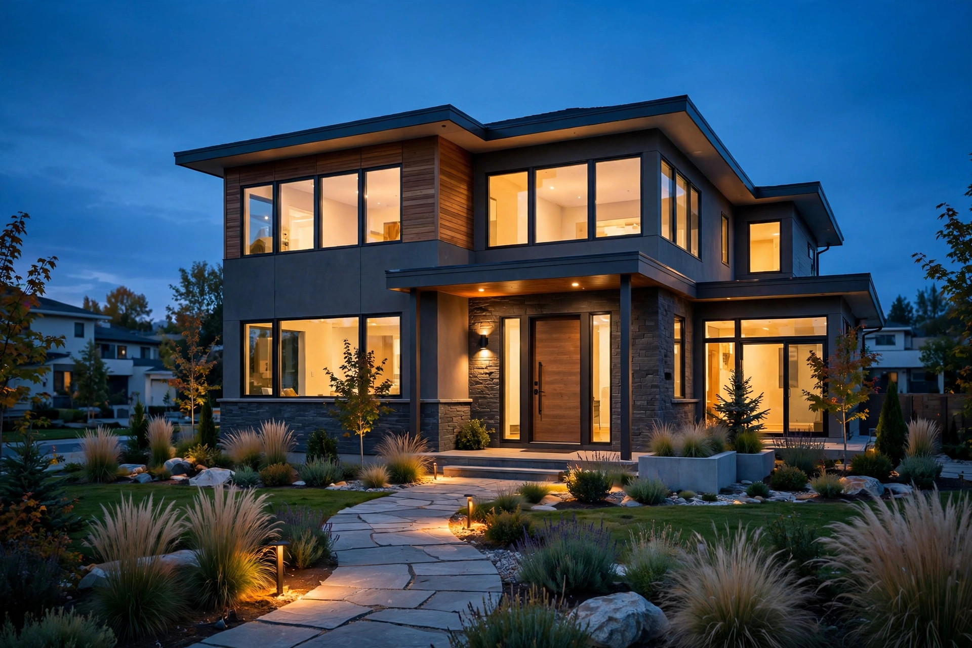 A modern home glowing warmly against a deep blue dusk sky