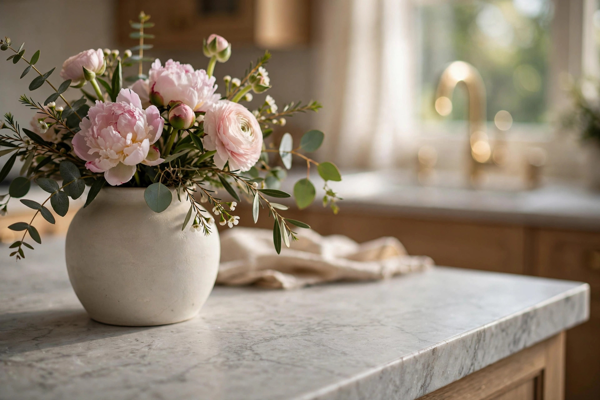 Styled kitchen vignette with fresh flowers on a marble countertop